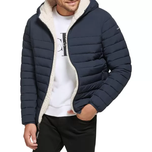 Calvin Klein Mens Hooded Down Jacket Quilted Coat Sherpa LinedTrue Navy