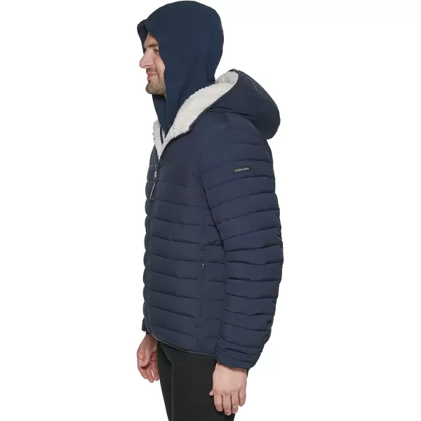 Calvin Klein Mens Hooded Down Jacket Quilted Coat Sherpa LinedTrue Navy