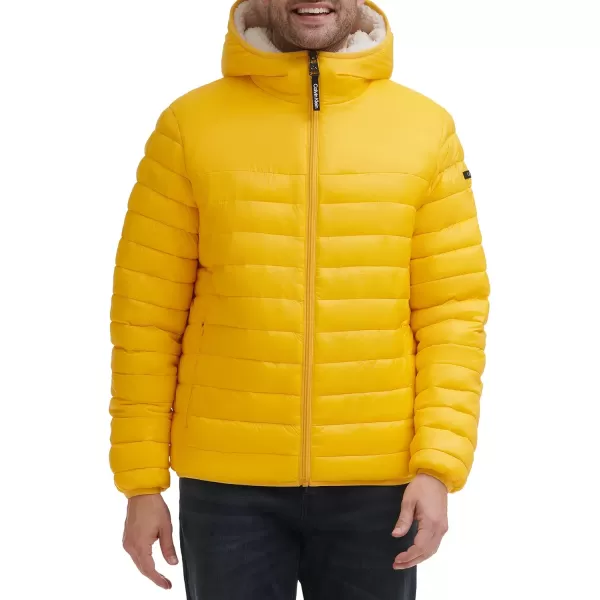 Calvin Klein Mens Hooded Down Jacket Quilted Coat Sherpa LinedYellow