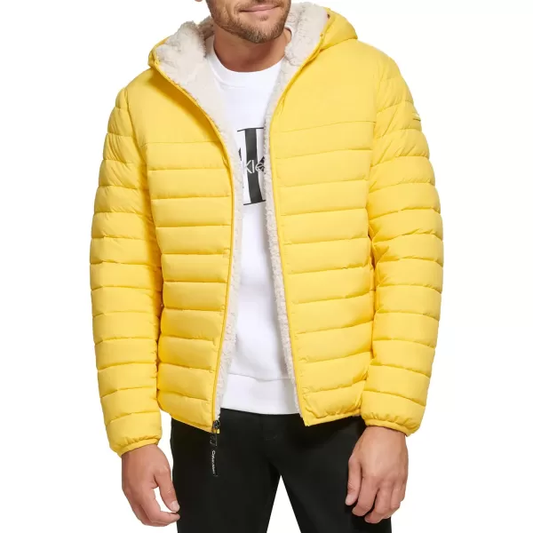 Calvin Klein Mens Hooded Down Jacket Quilted Coat Sherpa LinedYellow