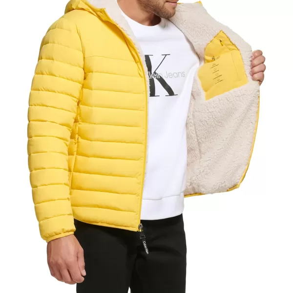 Calvin Klein Mens Hooded Down Jacket Quilted Coat Sherpa LinedYellow