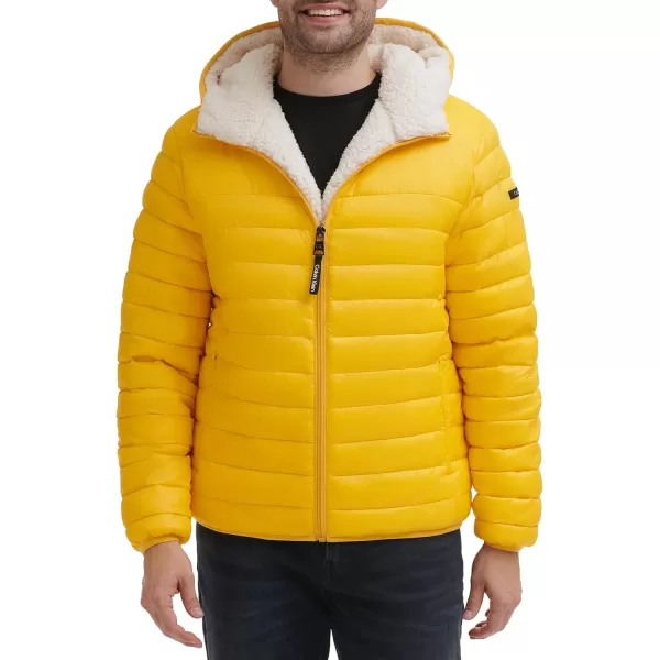 Calvin Klein Mens Hooded Down Jacket Quilted Coat Sherpa LinedYellow