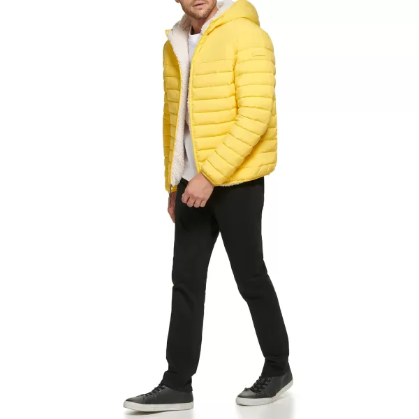 Calvin Klein Mens Hooded Down Jacket Quilted Coat Sherpa LinedYellow