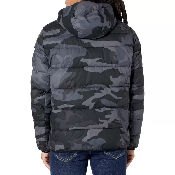 Calvin Klein Mens Winter CoatPuffer Stretch Jacket with Sherpa HoodBlack Camo