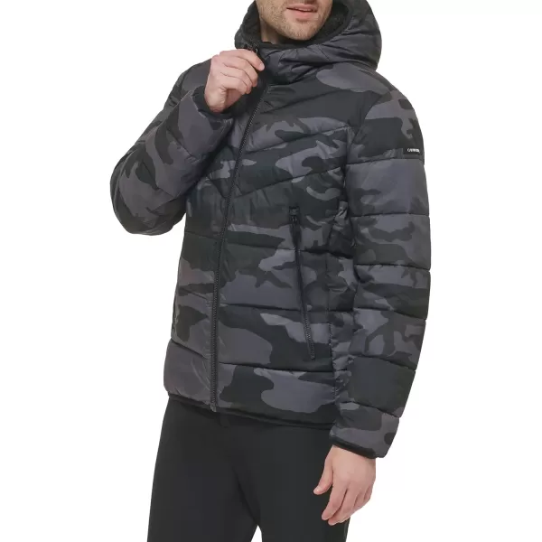 Calvin Klein Mens Winter CoatPuffer Stretch Jacket with Sherpa HoodBlack Camo