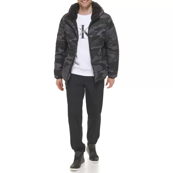 Calvin Klein Mens Winter CoatPuffer Stretch Jacket with Sherpa HoodBlack Camo