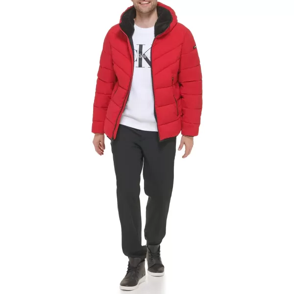 Calvin Klein Mens Winter CoatPuffer Stretch Jacket with Sherpa HoodDeep Red