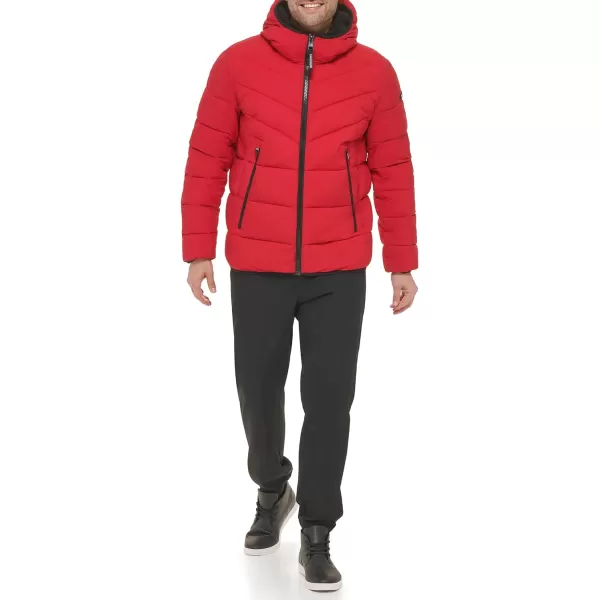 Calvin Klein Mens Winter CoatPuffer Stretch Jacket with Sherpa HoodDeep Red