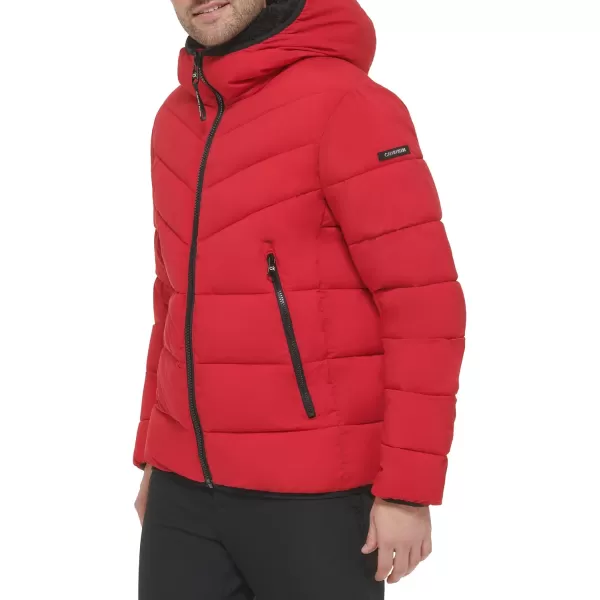 Calvin Klein Mens Winter CoatPuffer Stretch Jacket with Sherpa HoodDeep Red