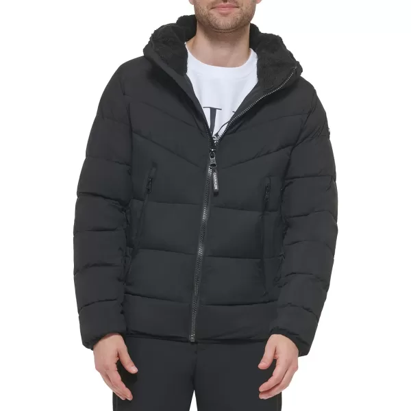 Calvin Klein Mens Winter CoatPuffer Stretch Jacket with Sherpa HoodEbony