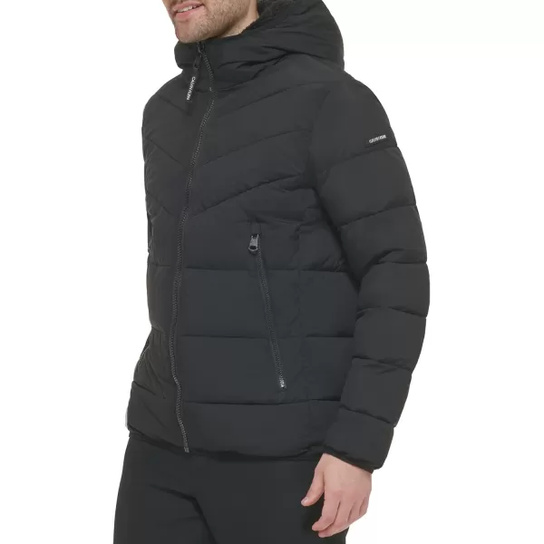 Calvin Klein Mens Winter CoatPuffer Stretch Jacket with Sherpa HoodEbony