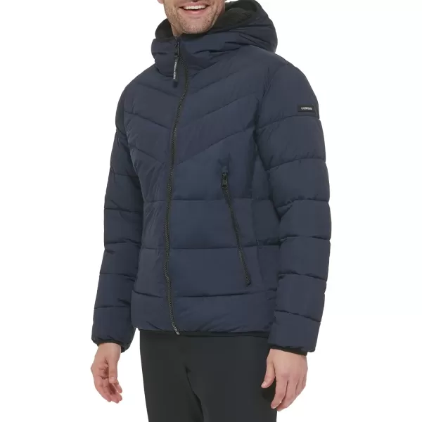 Calvin Klein Mens Winter CoatPuffer Stretch Jacket with Sherpa HoodTrue Navy