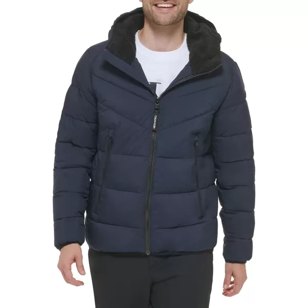 Calvin Klein Mens Winter CoatPuffer Stretch Jacket with Sherpa HoodTrue Navy