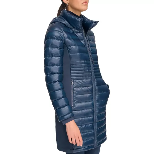 Calvin Klein Womens Long LightWeight Puffer JacketShine Slate Blue