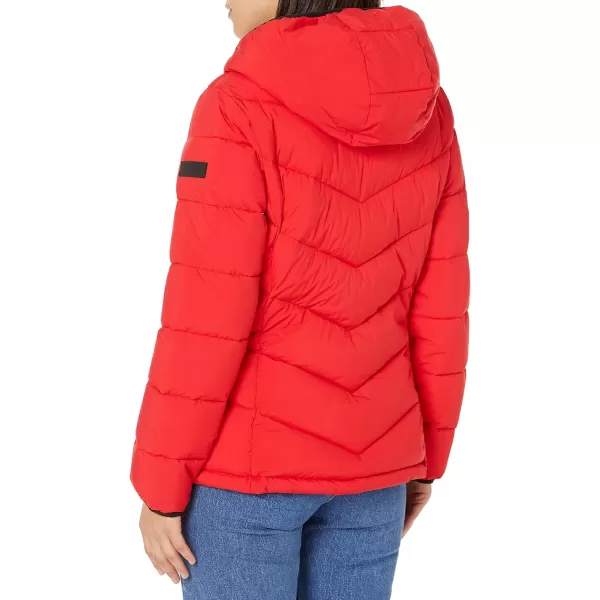 Calvin Klein Womens Quilted Down Jacket with Removable Faux Fur Trimmed HoodMandarin Red