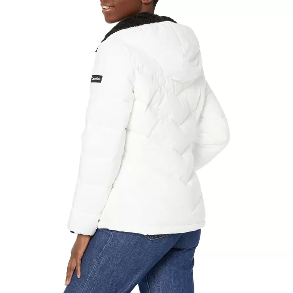 Calvin Klein Womens Quilted Down Jacket with Removable Faux Fur Trimmed HoodWhite