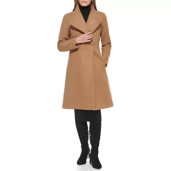 Calvin Klein Womens Ring Snap Detail Asymmetrical Closure Stand Collar Welt Pockets CoatDark Camel Melange