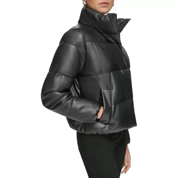 Calvin Klein Womens Short FauxLeather Puffer JacketBlack