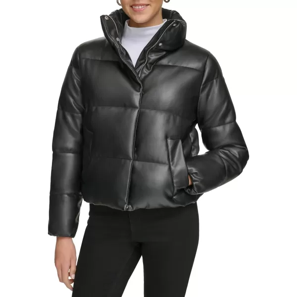 Calvin Klein Womens Short FauxLeather Puffer JacketBlack