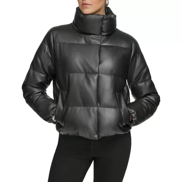 Calvin Klein Womens Short FauxLeather Puffer JacketBlack