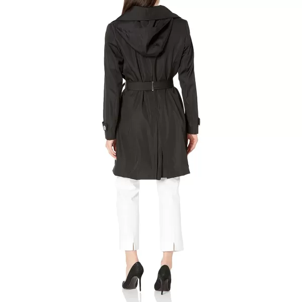 Calvin Klein Womens Single Breasted Belted Rain Jacket with Removable HoodBlack