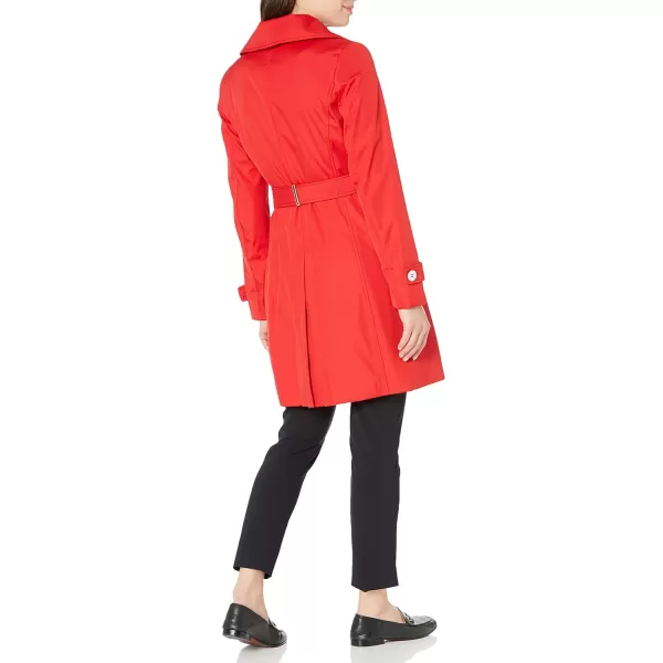 Calvin Klein Womens Single Breasted Belted Rain Jacket with Removable HoodCherry