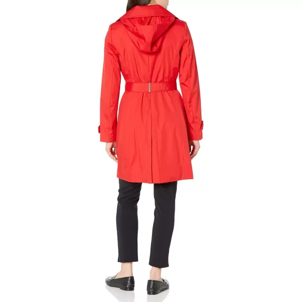 Calvin Klein Womens Single Breasted Belted Rain Jacket with Removable HoodCherry