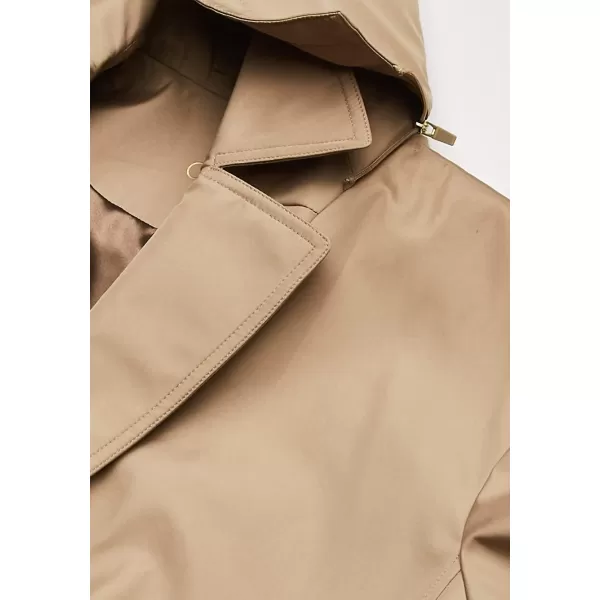 Calvin Klein Womens Single Breasted Belted Rain Jacket with Removable HoodKhaki