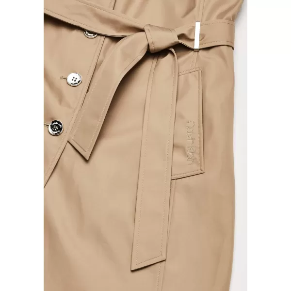 Calvin Klein Womens Single Breasted Belted Rain Jacket with Removable HoodKhaki