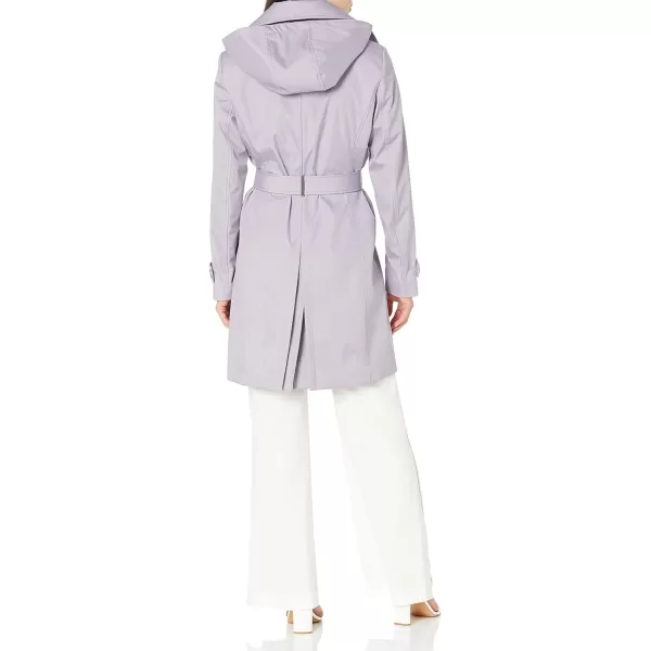 Calvin Klein Womens Single Breasted Belted Rain Jacket with Removable HoodLavender Grey