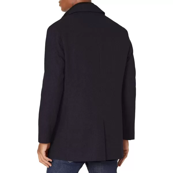 Cole Haan Mens Classic Melton Top Coat with Faux Leather DetailsNavy