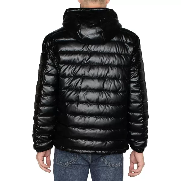 Cole Haan Mens Leather Faux Down Hooded Jacket with Contrast LiningBlackBlue