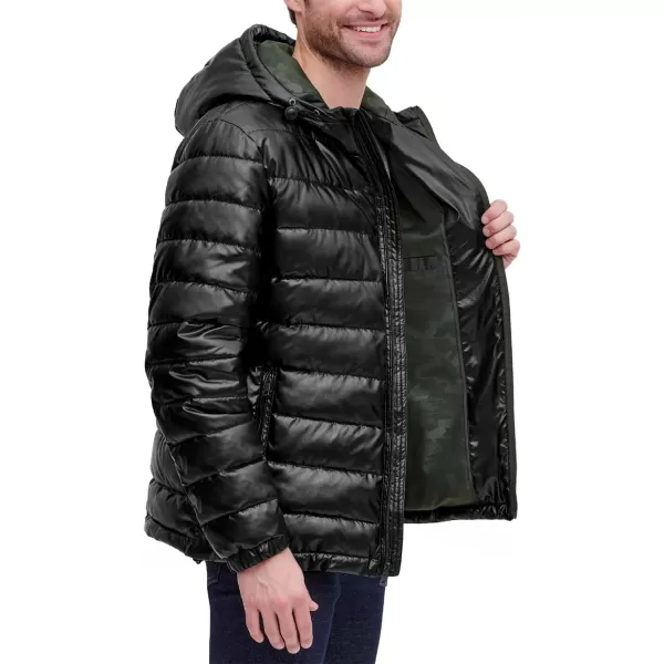 Cole Haan Mens Leather Faux Down Hooded Jacket with Contrast LiningBlackOlive Camo