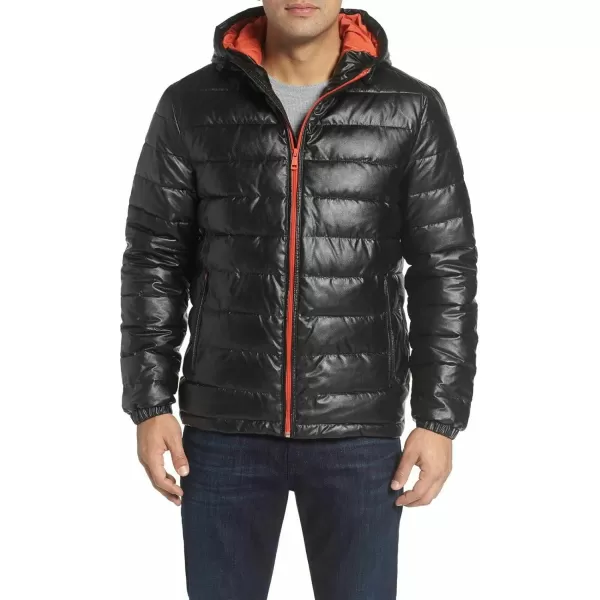 Cole Haan Mens Leather Faux Down Hooded Jacket with Contrast LiningBlackOrange