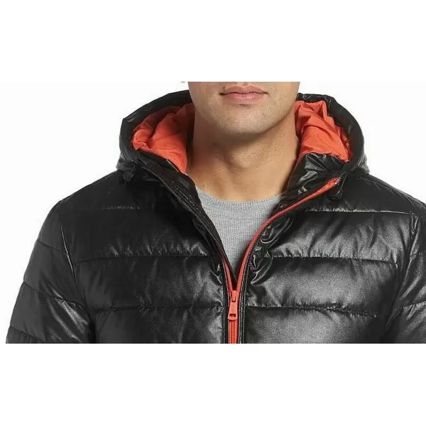 Cole Haan Mens Leather Faux Down Hooded Jacket with Contrast LiningBlackOrange