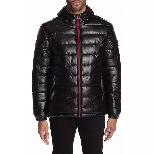 Cole Haan Mens Leather Faux Down Hooded Jacket with Contrast LiningBlackRed