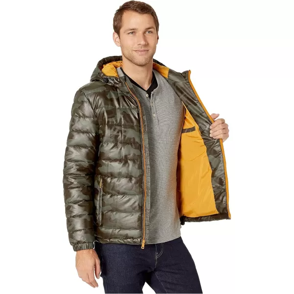 Cole Haan Mens Leather Faux Down Hooded Jacket with Contrast LiningYellow Olive