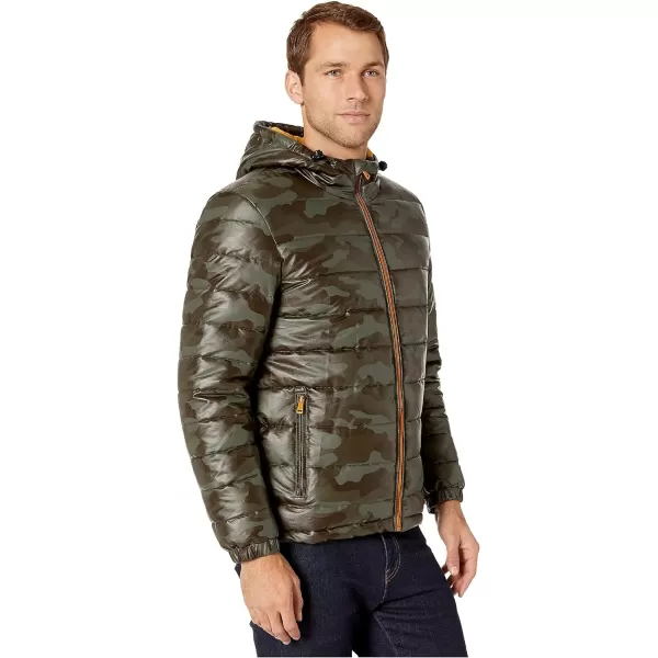 Cole Haan Mens Leather Faux Down Hooded Jacket with Contrast LiningYellow Olive