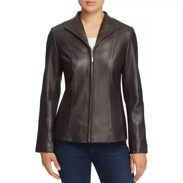 Cole Haan Womens Fully Lined Wing Collar Leather CoatDeep Espresso