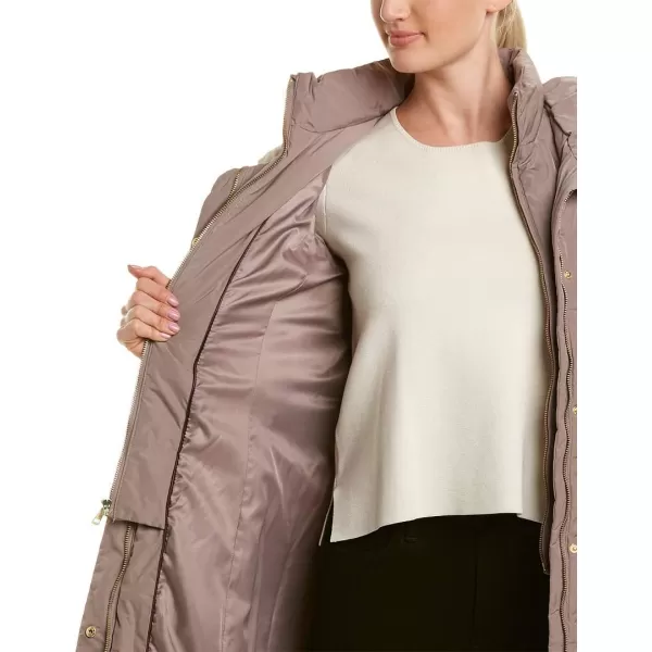 Cole Haan Womens Knee Length Hooded Quilted Down CoatCashew Grey