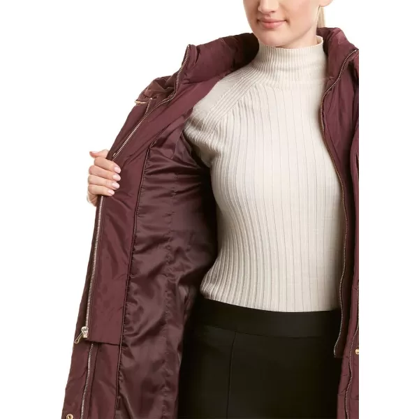 Cole Haan Womens Knee Length Hooded Quilted Down CoatMerlot