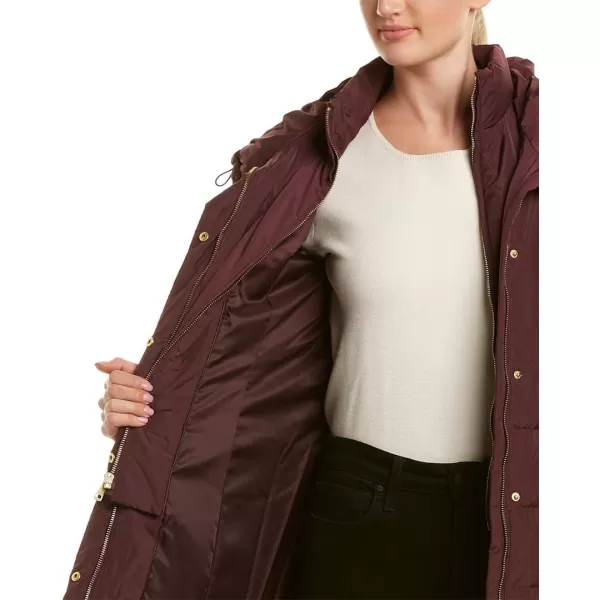 Cole Haan Womens Mid Length Hooded Quilted Down CoatMerlot