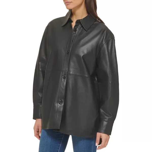 Cole Haan Womens Shirt Collar Button Up Leather CoatBlack