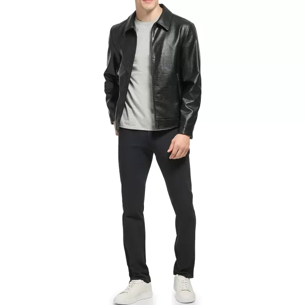 DKNY Mens Faux Leather Classic Laydown Collar Bomber JacketBlack Croc Embossed