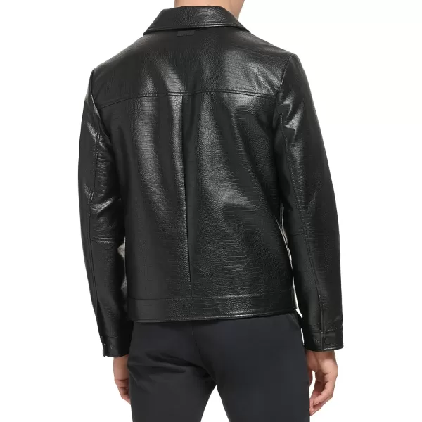 DKNY Mens Faux Leather Classic Laydown Collar Bomber JacketBlack Croc Embossed