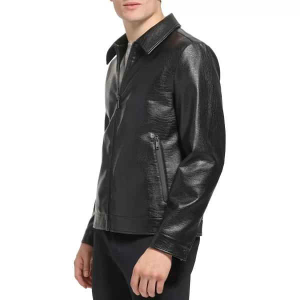 DKNY Mens Faux Leather Classic Laydown Collar Bomber JacketBlack Croc Embossed