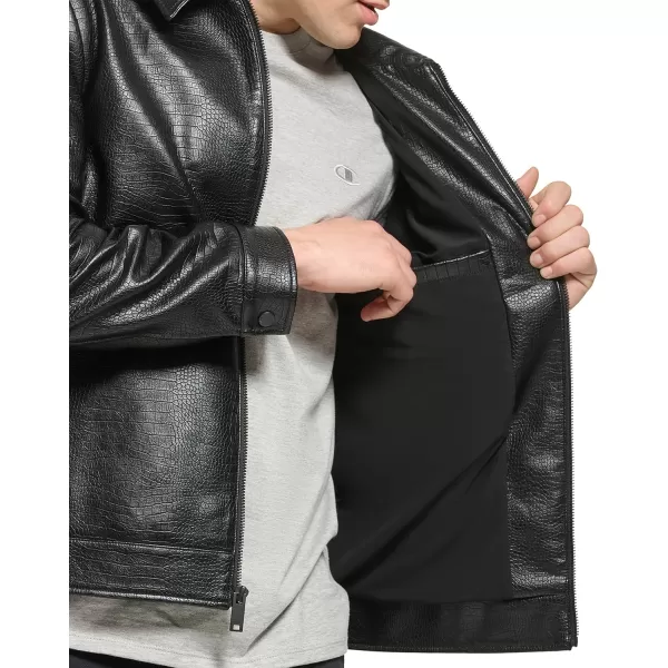 DKNY Mens Faux Leather Classic Laydown Collar Bomber JacketBlack Croc Embossed