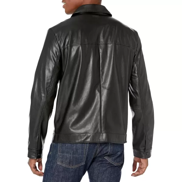 DKNY Mens Faux Leather Classic Laydown Collar Bomber JacketBlack Smooth Lamb