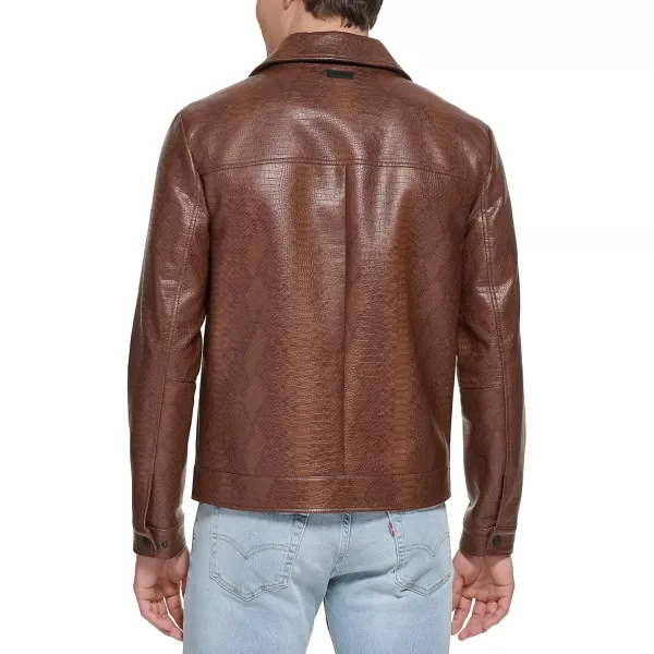 DKNY Mens Faux Leather Classic Laydown Collar Bomber JacketBrown Snake Embossed