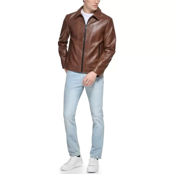 DKNY Mens Faux Leather Classic Laydown Collar Bomber JacketBrown Snake Embossed